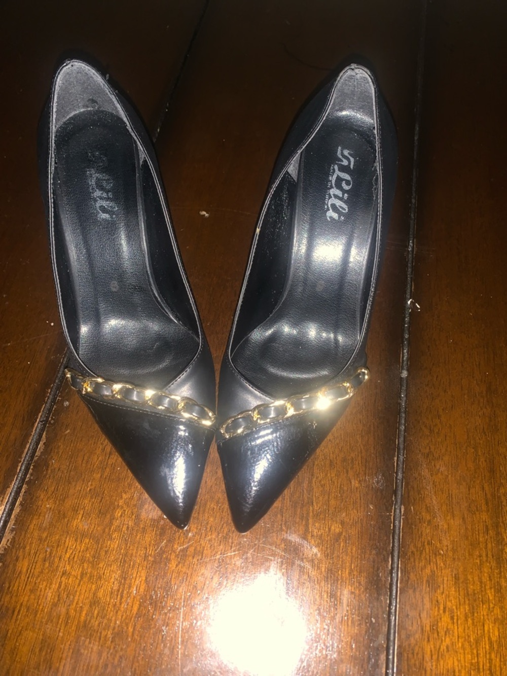 Lily Black Pointed Toe Pumps with Gold Chain